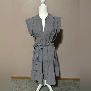 New Navy And White Stripped Dress L Ruffles Tie Waist Preppy Coastal  Feel